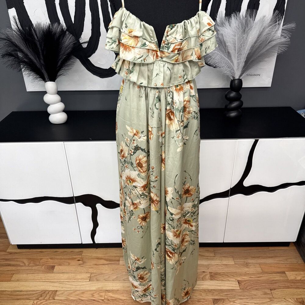 PrettyLittleThing Sage Floral Wide Leg Jumpsuit Womens US 4 Ruffle Boho NWT
